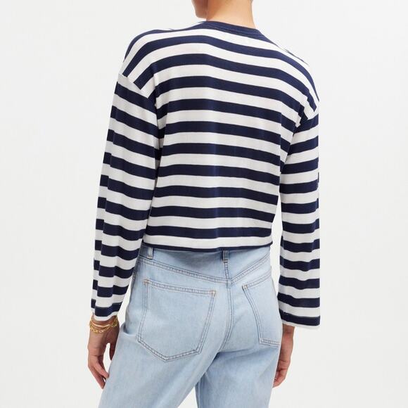 Madewell Drop Shoulder Pullover Crop Tee Navy Blue White Stripe Crew Neck Small - Picture 2 of 8